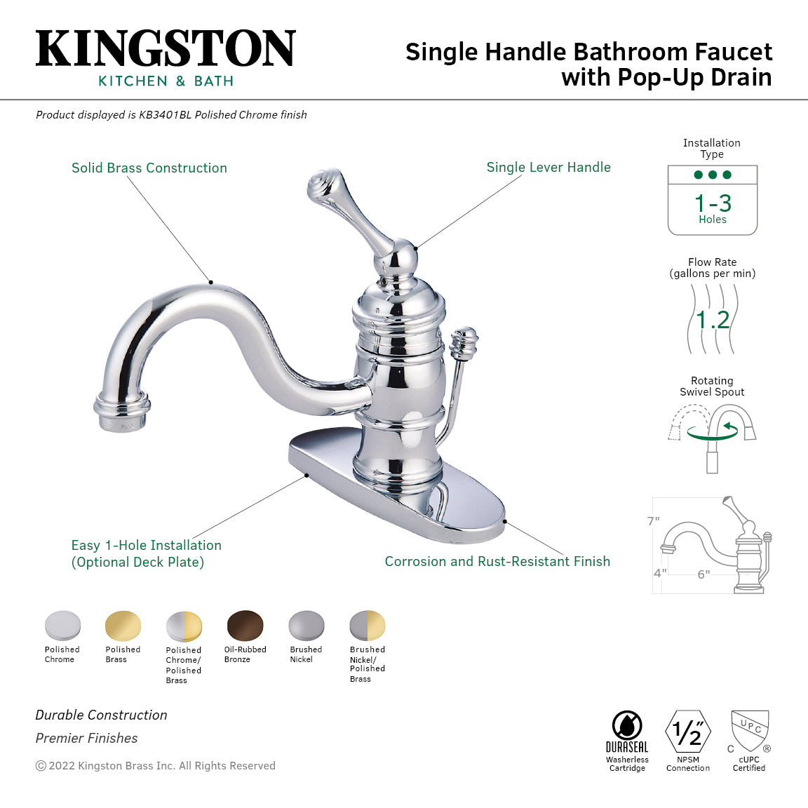Kingston Heirloom KB3409BL - Victorian One-Handle 1-Hole Bathroom Faucet with Deck Plate and Pop-Up Drain, Brushed Nickel/Polished Brass — thumbnail 2